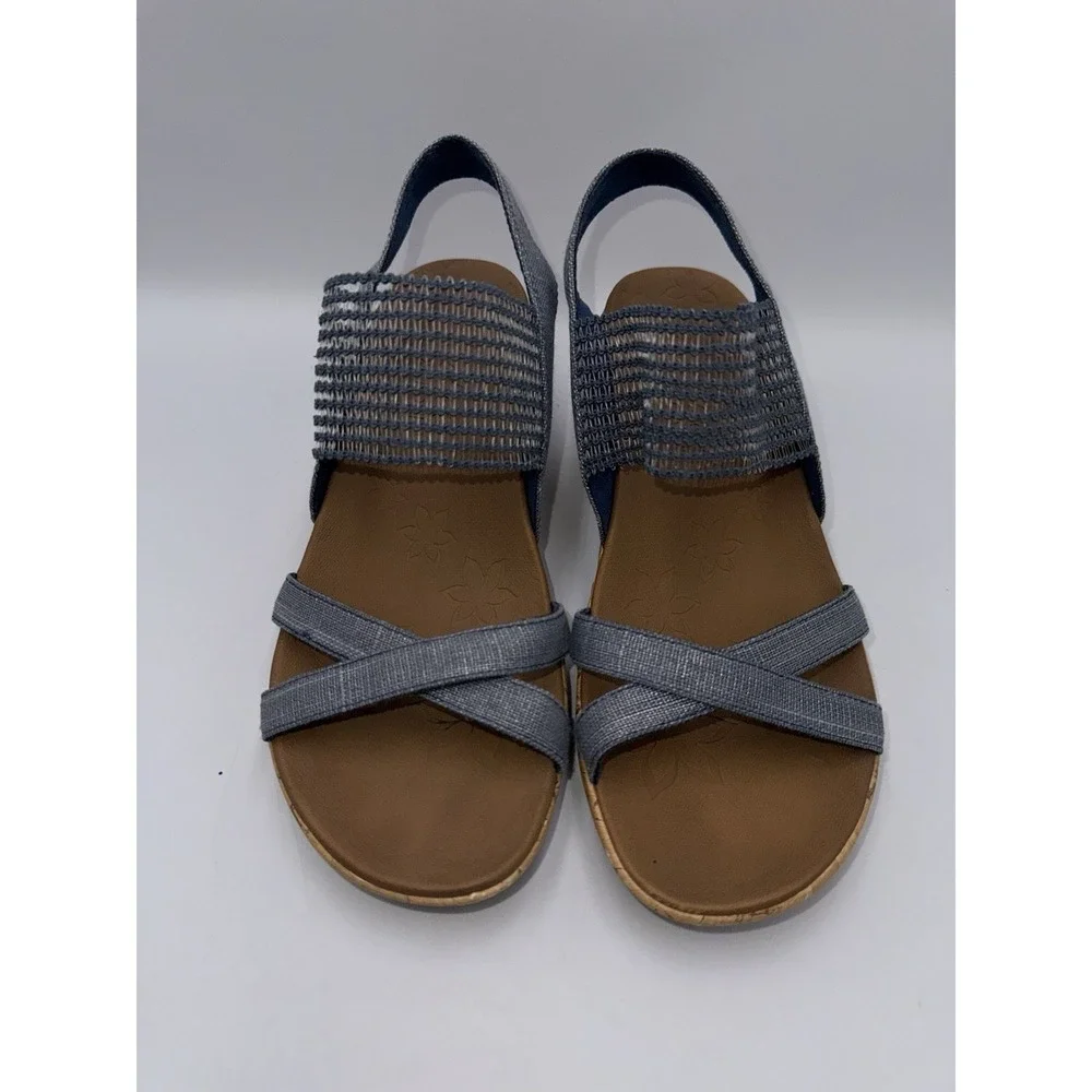 Skechers Luxe Foam Beverlee Blue Shimmer‎ Strappy Open Toe Cork Wedges Sz 7.5